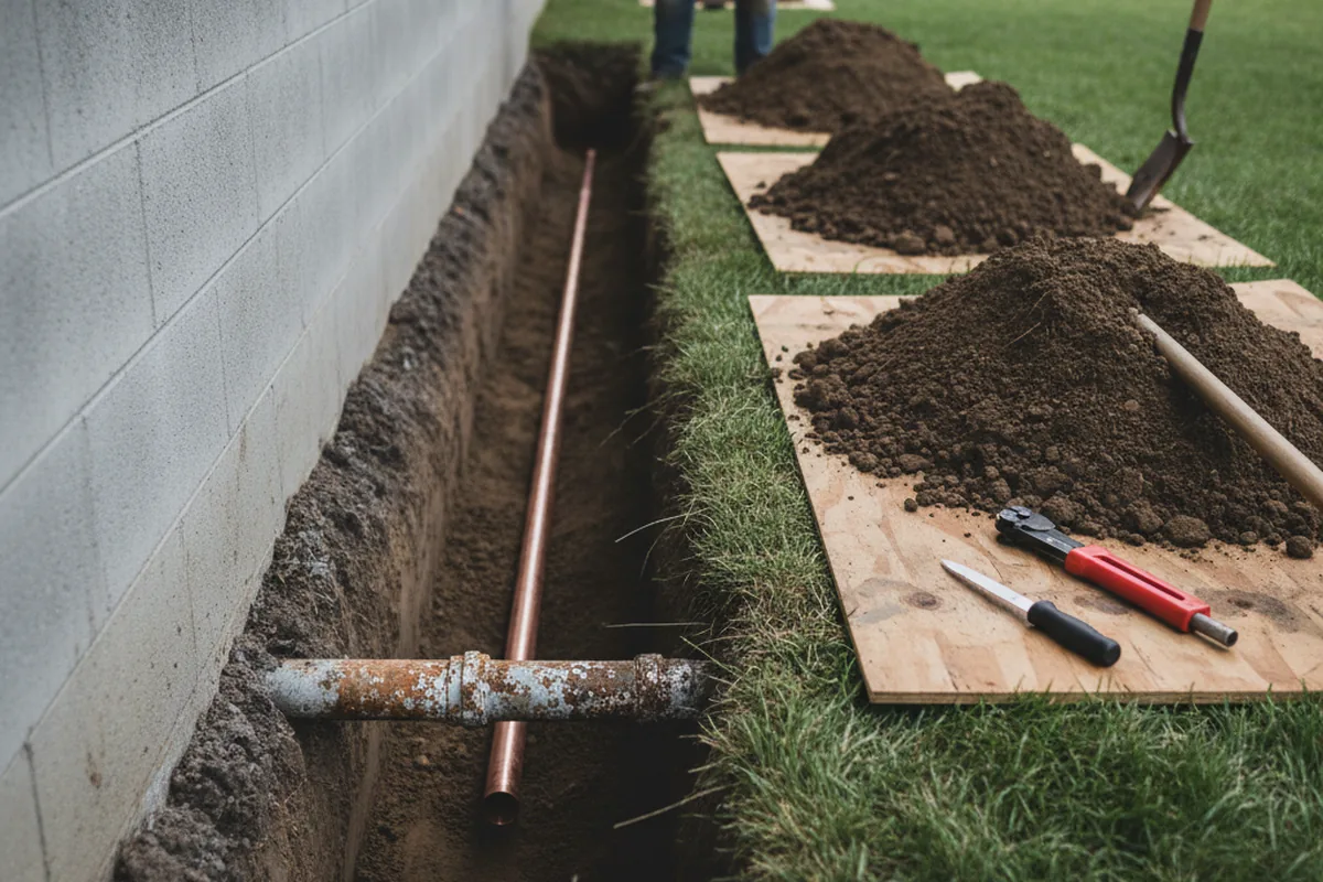 Excavated water line trench during Water Softener Installation in Pawcatuck
